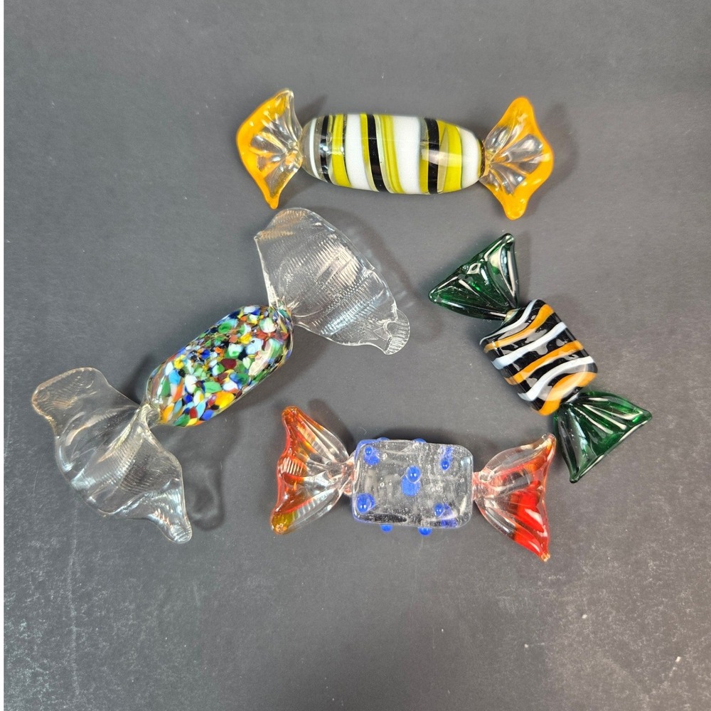 Vintage Murano Style Art Glass Candy Set 4pc Multi Color Hand Blown Figurines